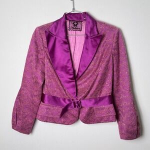 Women's Purple Metallic Lace Blazer Jacket Belted Shawl Collar Nicholson